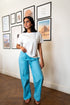Women summer pajama set White Tee + Teal X White Stripes Pants